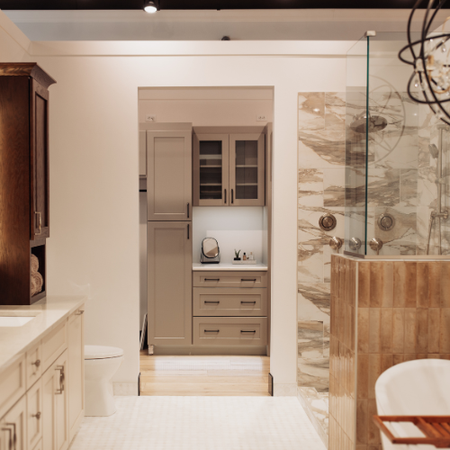 bathroom with nude cabinets